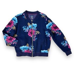 Joules Navy Floral Print Long Sleeve Zip Up Pockets Fleece Bomber Jacket